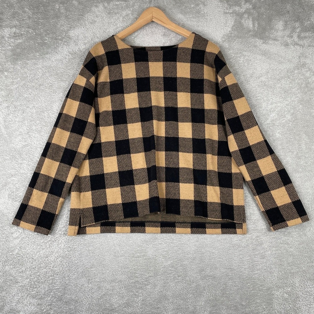 J. Jill Plaid Buffalo Check Top Womens Small Brown Black Long Sleeve Stretch